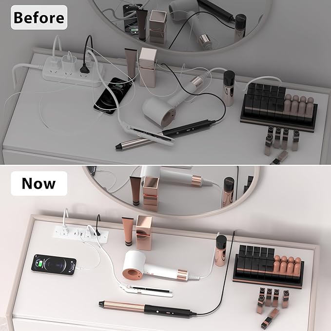 Furniture Drawer Outlet, Recessed Power Strip with (3) PD 20W USB Ports Fast Charging & (3) 15 Amp AC Outlets, (14 AWG) 5 FT White Spring Cord