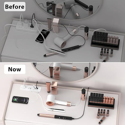 Furniture Drawer Outlet, Recessed Power Strip with (3) PD 20W USB Ports Fast Charging & (3) 15 Amp AC Outlets, (14 AWG) 5 FT White Spring Cord