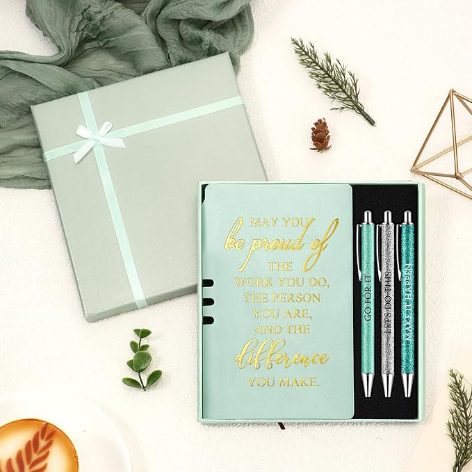 5 Pcs Employee Appreciation Gift Christmas Leather Journal Notebook 3 Ballpoint Pens with Box Thank You for Nurse Medical Assistant Coworker Teacher Social Worker Vet Tech Volunteer(Green)