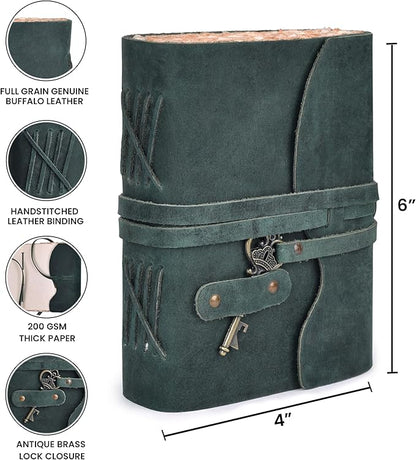 LEATHER VILLAGE Vintage Leather Journal – 200 Handmade Vintage Deckle Edge Paper – Leather bound Journal For Women Men – Vintage Key Closure - Book of Shadows - Turquoise - 6X4 inches (A6)