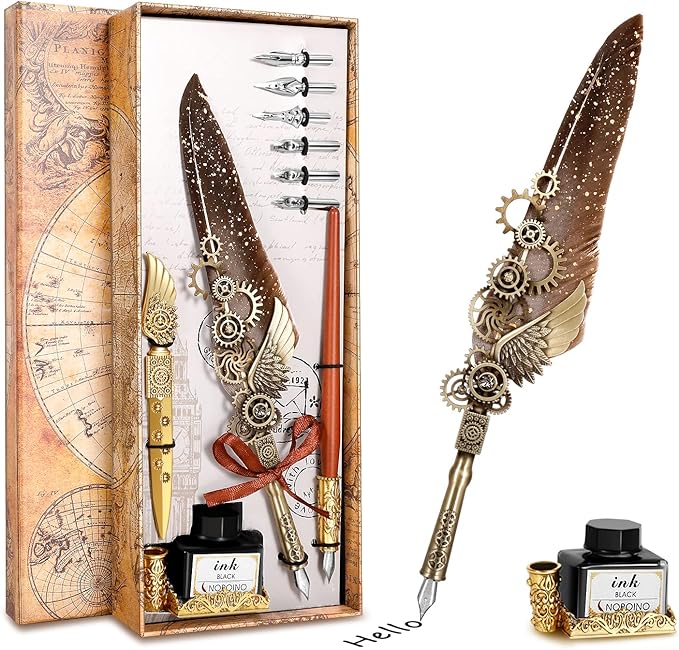 Quill Pen Calligraphy Set, Antique Mechanical Steampunk Style Feather Pen Includes 1 Wooden Dip Pen, 8 Nibs, 1 Bottle of Ink, 1 Letter Opener, 1 Base (Gray)