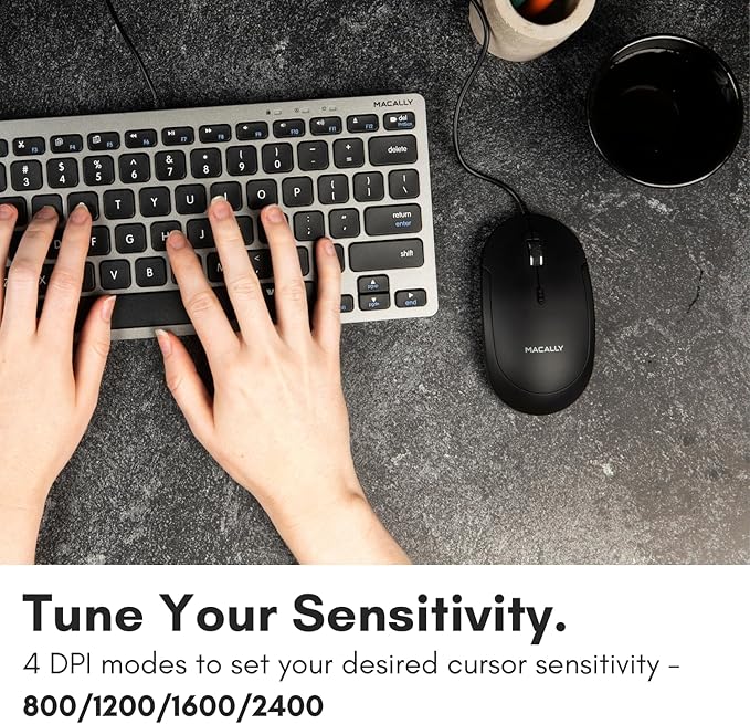 Macally Wired USB C Mouse for Mac and PC - Slim, Quiet, and Reliable - 4 DPI Mode Type C for Laptop, MacBook Pro/Air, iMac - Wired Mice USBC