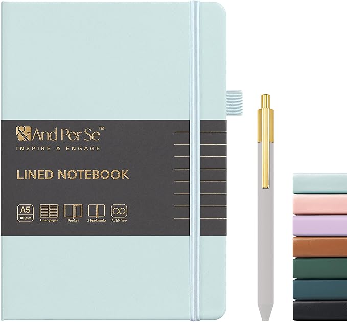 &And Per Se Lined Journal and Pen Set, A5 Leather Journal Stationery Set, 160 Pages 100GSM Thick Paper, Notebook Gift Set (Cyan-Set1)