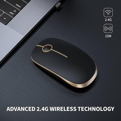VssoPlor Wireless Mouse, 2.4G Slim Portable Computer Laptop Mouse with Nano Receiver Quiet Silent Optical Mice for Notebook, PC, Laptop, Computer-Black and Gold