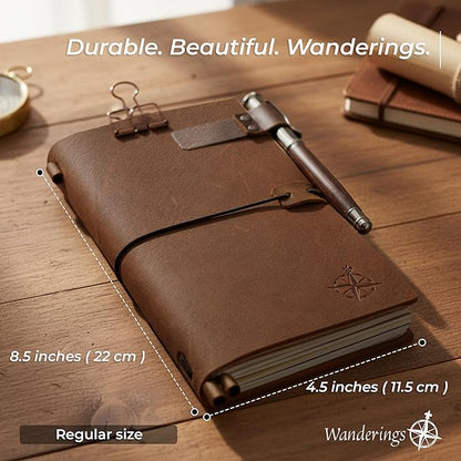 WANDERINGS Regular Size Travelers Notebook/Handcrafted Genuine Leather Journal - 4.5"x8.5" / 11.5cm x 22cm - Includes a Pen Holder with a Pen and 2 extra Ink Refills, a PVC Folder, and a Binder Clip