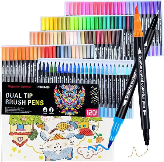 120 Colors Dual Markers Brush Pens ,Dual Tip Brush&Fine Tip Markers for Adult Kids Coloring,Water-based Ink Art Marker,Calligraphy Pens Fineliner and Brush Tips for Hand Lettering, Journal, Doodling