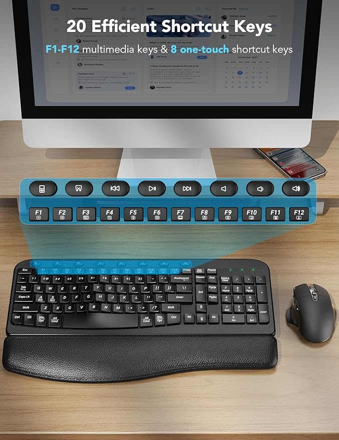 Wireless Keyboard and Mouse Combo – Ergonomic Wave Key, Built-in Leather Soft Palm Rest, 2.4G Full Size, 8 Hotkeys, 6-Button Mouse with 4-Level DPI, Dual USB-A/USB-C, Windows & macOS Compatible