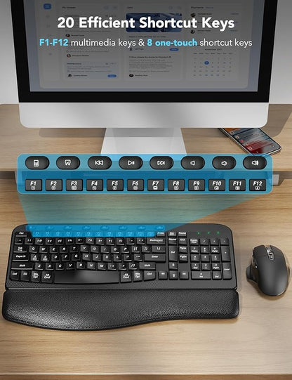 Wireless Keyboard and Mouse Combo – Ergonomic Wave Key, Built-in Leather Soft Palm Rest, 2.4G Full Size, 8 Hotkeys, 6-Button Mouse with 4-Level DPI, Dual USB-A/USB-C, Windows & macOS Compatible
