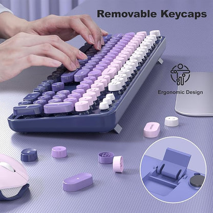 Wireless Keyboard and Mouse Combo, MOWUX Full Size Typewriter Retro Round Computer Keyboard, Cute Optical Mouse Wireless, Plug and Play, for Laptop, PC, Computer- Purple Gradient