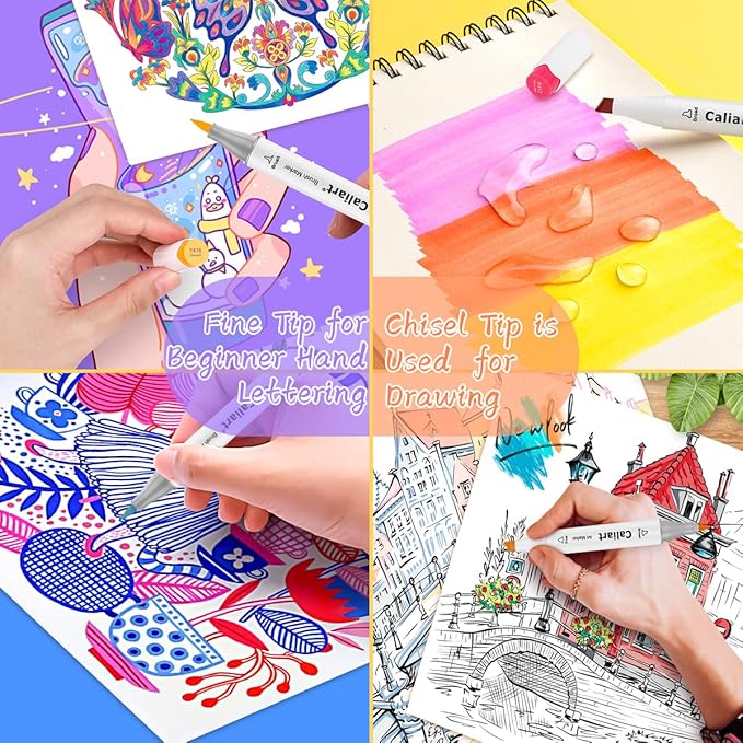 Caliart Alcohol Based Markers, 24 Colors Art Marker Set Fine & Chisel Dual Tip, Permanent Colored Pens for Adults Coloring Book Artists Illustration Sketch Lettering Drawing Cards Planner