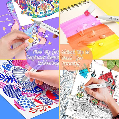 Caliart Alcohol Based Markers, 24 Colors Art Marker Set Fine & Chisel Dual Tip, Permanent Colored Pens for Adults Coloring Book Artists Illustration Sketch Lettering Drawing Cards Planner