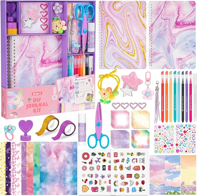QIYVLOS 2 Pack DIY Journal Kit for Girls, Journaling Diary Toys for Ages 8-13, Arts and Crafts Birthday Stationary Set Gifts for Teen Girls Ages 8 9 10 11 12 13 14 Year Old