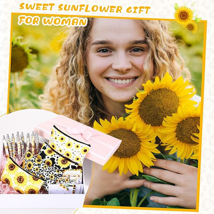 20 Pcs Sunflower Gift Set 4 Yellow Flower Makeup Bags for Women 8 Sunflower Sticky Notes and 8 Flower Ballpoint Pens Leopard Black Ink Writing Pens for Office Study Journaling Writing Gift