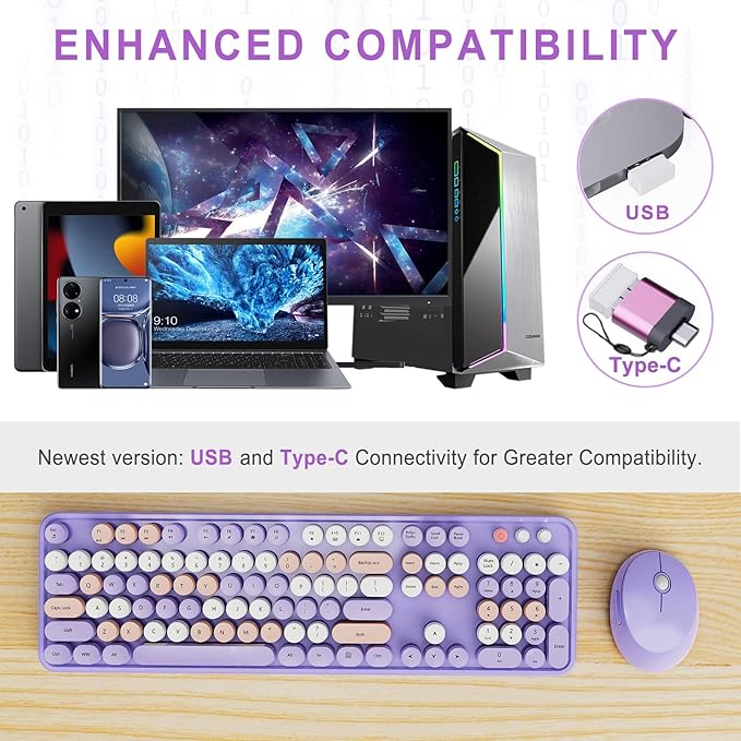 Wireless Keyboard and Mouse Combo, Ergonomic Full Size Typewriter Retro Round Keycaps Keyboard, Compatible with Windows, PC, Perfer for Home and Office Keyboards (Purple
