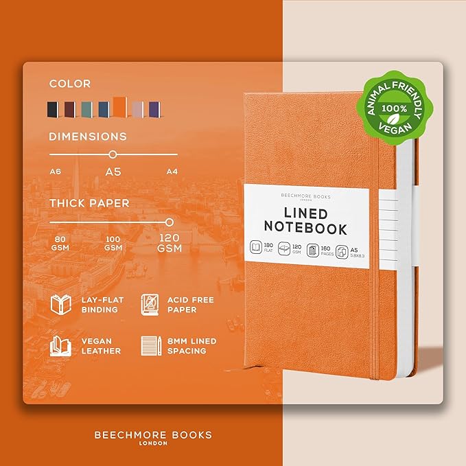 BEECHMORE BOOKS Lined Journal Notebook, 5.8 x 8.3 inch, A5 160 Lined Pages, Hardcover Leather Journals for Women, Men, Writing and Notebooks for Work - 120 GSM Thick Paper, Gifts Box Included