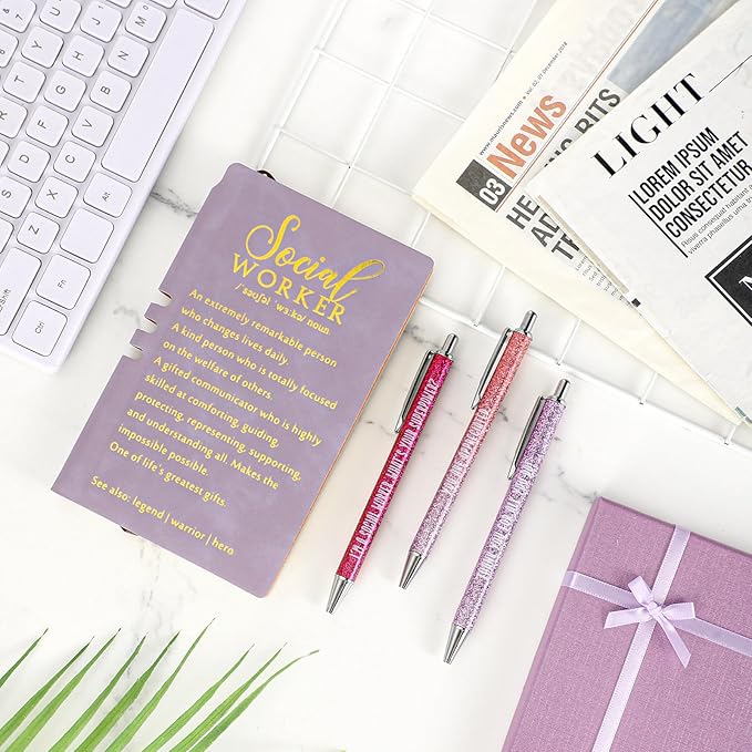 5 Pcs Employee Appreciation Gift Leather Journal Notebook 3 Ballpoint Pens with Box Thank You for Boss Emergency Nurses Medical Assistant Lady Coworker Teacher Social Worker(Purple)