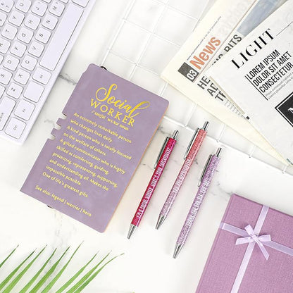 5 Pcs Employee Appreciation Gift Leather Journal Notebook 3 Ballpoint Pens with Box Thank You for Boss Emergency Nurses Medical Assistant Lady Coworker Teacher Social Worker(Purple)