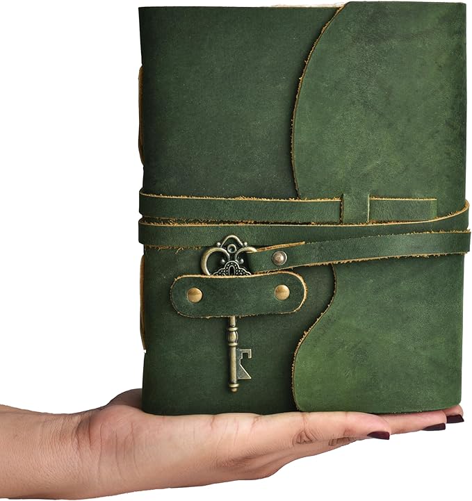 LEATHER VILLAGE Vintage Leather Journal – 200 Handmade Vintage Deckle Edge Paper – Leather bound Journal For Women Men – Vintage Key Closure - Book of Shadows - Green - 8X6 inches (A5)