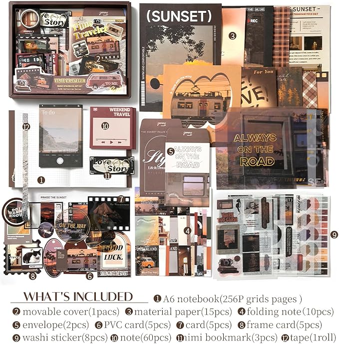 Scrapbook Supplies Kit, Vintage Aesthetic Scrapbook Kit, 351pcs Junk Journal Supplies with Scrapbooking Paper A6 Grid Notebook, Journaling Supplies, Birthday Craft Gift for Adult Teen, Time Traveler