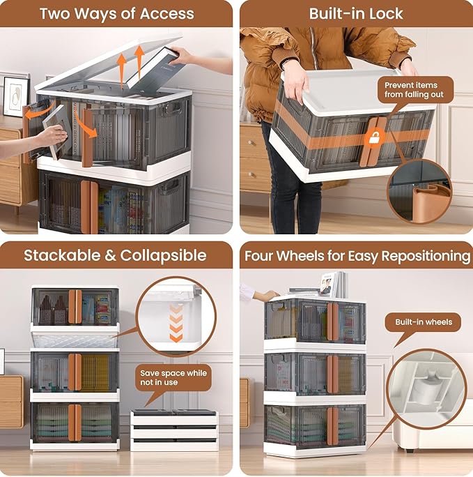 LCG 4-Tier Foldable Plastic Storage Bins with Lids and Doors, 76 Gallon (19 Gal x 4pack), Stackable Organizer Drawer (Extra Large)