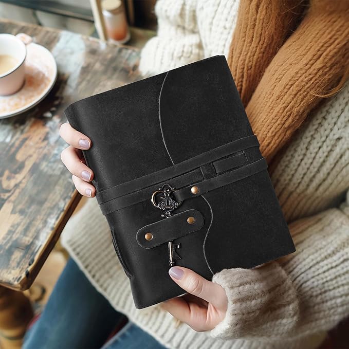 LEATHER VILLAGE Vintage Leather Journal – 200 Handmade Vintage Deckle Edge Paper – Leather bound Journal For Women Men – Vintage Key Closure - Book of Shadows - Black - 10X7 inches