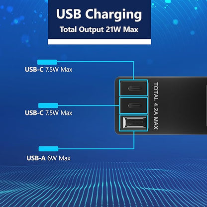 LIDER Outlet Extender with 4 Receptacles, USB-A and 2 USB-C, Ultra-Thin Flat-Plug with Cord Extender, 4-Outlet Power Strip, 45 Degree Angle, Surge Protectect 1500 Joules, 5ft Cord, UL-Listed, Black