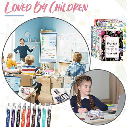 Yeaqee 72 Pcs Motivational Pens Notepads Gifts Set Inspirational Quote Ballpoint Pen Small Notebook Mini Journal Bulk Present Idea for Teacher Coworker Gifts Women Office School(Inspiring)