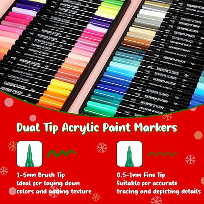 48 Colors Acrylic Paint Markers, Dual Tip with Fine Tip and Brush Tip Pens for Stone, Wood, Calligraphy, Canvas, Ceramic, Metal, Glass, Rock Painting, DIY Crafts
