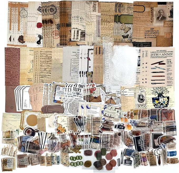 260PCS Vintage Journaling Scrapbooking Supplies Scrapbook Sticker Paper Ephemera Pack for Bullet Junk Journal Planners Collage Craft Notebooks Album (Pen Ink and Letter)