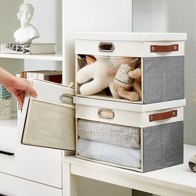 Fabric Clear Window Storage Bins with Lid, Closet Storage Box Linen Closet Baskets with 3 Handles for Organizing Clothing, Jeans, Shelves 15''- 3 Pack (Gray and White)