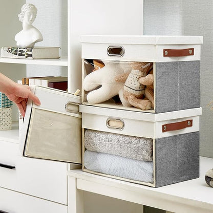 Fabric Clear Window Storage Bins with Lid, Closet Storage Box Linen Closet Baskets with 3 Handles for Organizing Clothing, Jeans, Shelves 15''- 3 Pack (Gray and White)