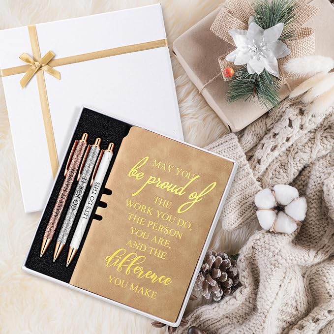 5 Pcs Employee Appreciation Gift Christmas Leather Journal Notebook 3 Ballpoint Pens with Box Thank You for Nurse Medical Assistant Coworker Teacher Social Worker Vet Tech Volunteer(Khaki)