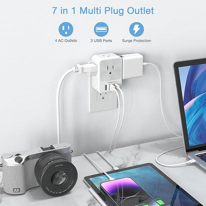 Multi Plug Outlet Splitter with USB, TESSAN 4 Electrical Outlet Extender Surge Protector with 3 USB Wall Charger Blocks, Multiple Plug Expander Box for Home Office Dorm Room Essentials