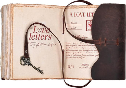 LEATHER VILLAGE Vintage Leather Journal – 200 Handmade Vintage Deckle Edge Paper – Leather bound Journal For Women Men – Vintage Key Closure - Book of Shadows - Chocolate Brown - 10X7 inches