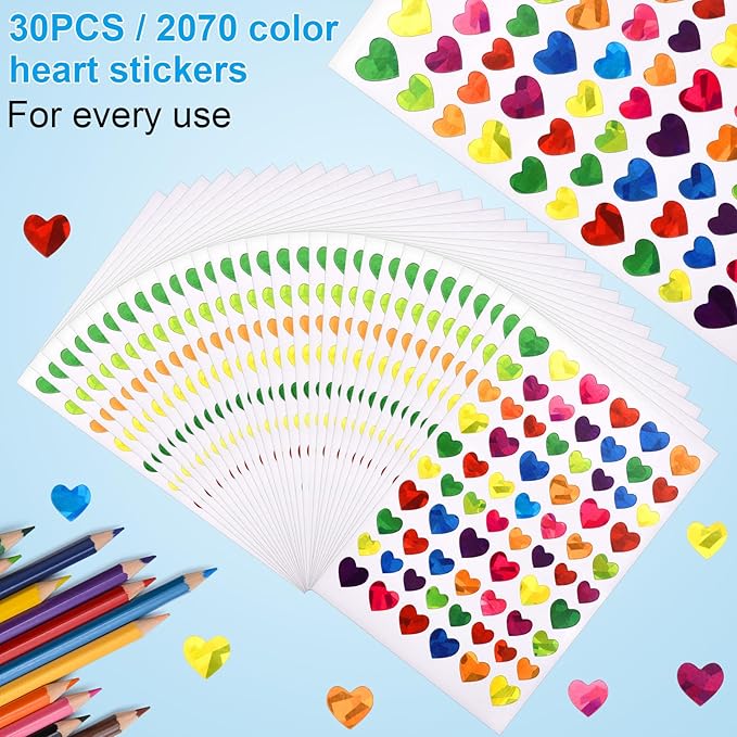 2070 Pcs Heart Stickers - Sparkly Holographic & Glitter Foil for Kids Reward & DIY Decoration
