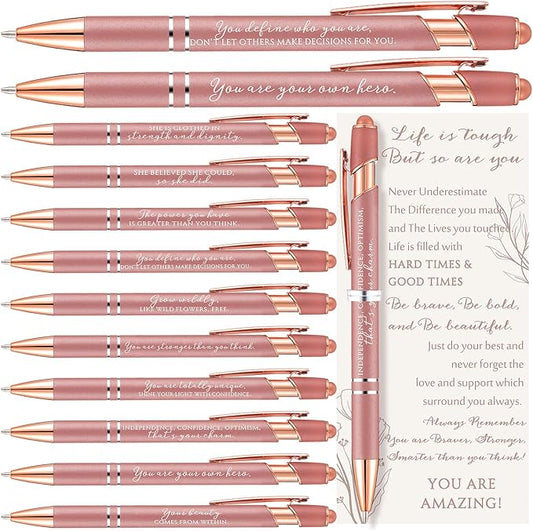 Supervitae 25 Sets Inspirational Pens Bulk Pink Ballpoint Pens with Inspirational Cards and Ties Employee Appreciation Gifts for Women Coworker Staff Office Christmas Party Favors (Positive)