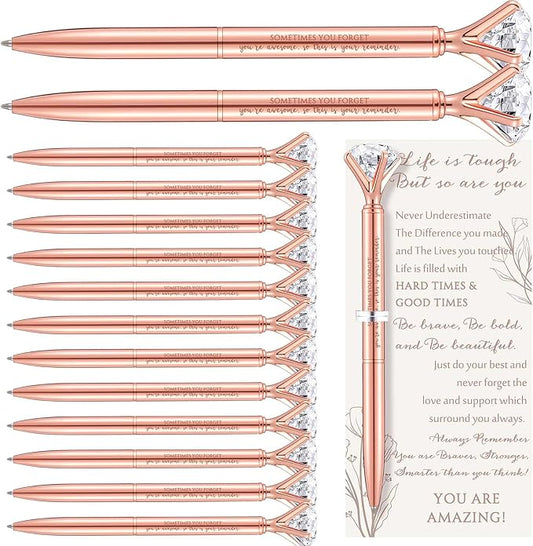 Supervitae 40 Sets Inspirational Pens Bulk Pink Ballpoint Pens with Inspirational Cards and Ties Employee Appreciation Gifts for Women Coworker Staff Office Christmas Party Favors (Diamond)