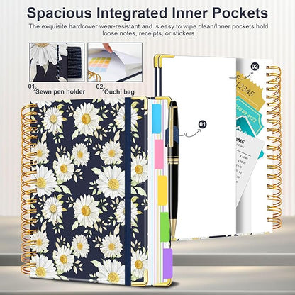 Spiral Journal Notebook for Work, 300 Pages 5 Subject Notebook College Ruled with Dividers & Tabs, 8''x 10'' Large Cute Notebooks Journal for Women Students Note-Taking and Organizer (White Daisy)