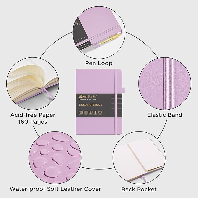 &And Per Se Lined Journal and Pen Set, A5 Leather Journal Stationery Set, 160 Pages 100GSM Thick Paper, Notebook Gift Set (Purple-Set1)