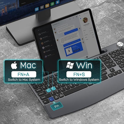 Ergonomic Wireless Keyboard and Mouse with Wrist Rest，Phone Holder - 2.4GHz Full-Sized Low-Profile Quiet Wireless Mouse and Keyboard Combo for Computer, Laptop, PC, Mac-Grey