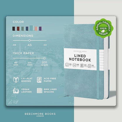 BEECHMORE BOOKS Lined Journal Notebook, 5.8 x 8.3 inch, A5 160 Lined Pages, Hardcover Leather Journals for Women, Men, Writing and Notebooks for Work - 120 GSM Thick Paper, Gifts Box Included