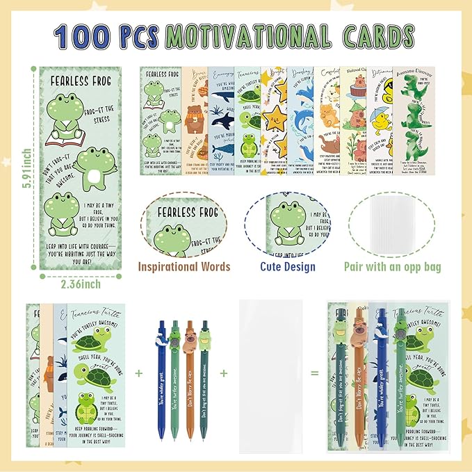 Eersida 100 Set Inspirational Ballpoint Pens Bulk Funny Animal Cute Pens Employee Appreciation Gifts with Positive Bookmarks for Coworkers Teacher Nurse Team Staff Christmas