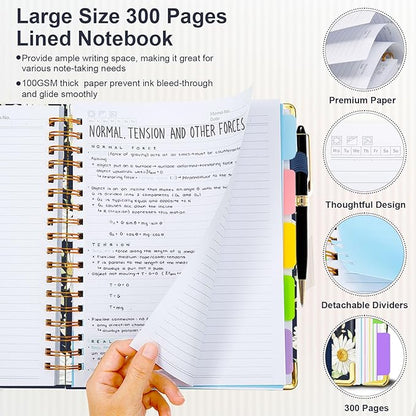 Spiral Journal Notebook for Work, 300 Pages 5 Subject Notebook College Ruled with Dividers & Tabs, 8''x 10'' Large Cute Notebooks Journal for Women Students Note-Taking and Organizer (White Daisy)