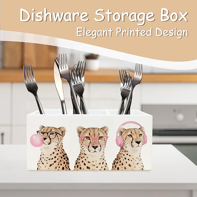 Trendy Funny Leopard Pen Pencil Holder Organizer for Desk, Cheetah Room Decor, Preppy Girly Y2k Aesthetic Cheetah Wooden Box Block Sign for Home Office Tabletop Decor