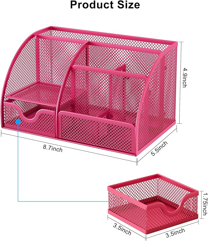 EasyPAG Mesh Desk Organizer with Drawer Multi-functional Pen Holder Stationery Organizer for Office School Supplies 6 Compartments Dorm Organizers and Storage for Desk, Hot Pink