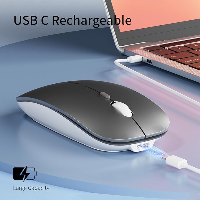 Uciefy Q5 Slim Rechargeable Wireless Mouse, 2.4G Portable Optical Silent Ultra Thin Wireless Computer Mouse with USB Receiver and Type C Adapter, Compatible with PC, Laptop, Notebook, Desktop (Grey)