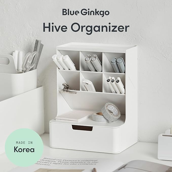 BLUE GINKGO Hive Desk Organizer – Vertical 6-Compartment, Full-drawer Storage – Space-Saving Pen Holder, Stationery Storage – Organizer for Office, School Supplies, Makeup (Made in Korea, White)