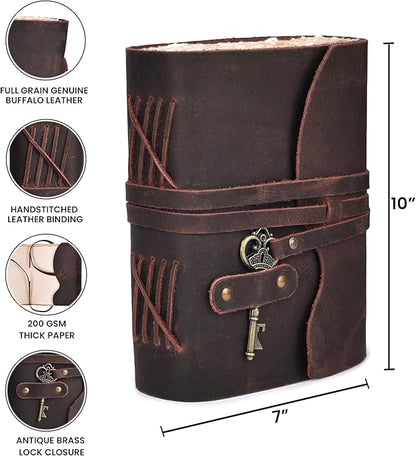 LEATHER VILLAGE Vintage Leather Journal – 200 Handmade Vintage Deckle Edge Paper – Leather bound Journal For Women Men – Vintage Key Closure - Book of Shadows - Chocolate Brown - 10X7 inches