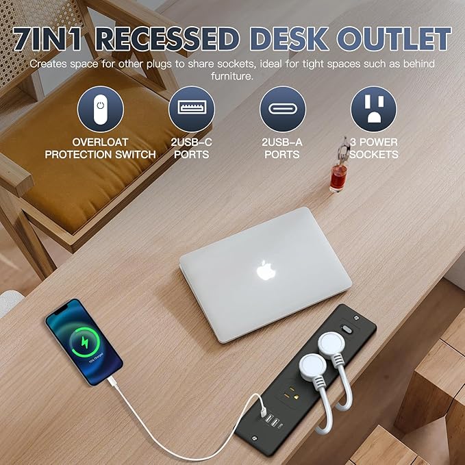 7 in 1 Recessed Power Strip Flat Plug Desk Outlet,3AC Outlets & 4 USB Ports,10FT Bold Extension Cord, Conference Recessed Fuse Surge Protected Power Strip for Home Office (Black-1)
