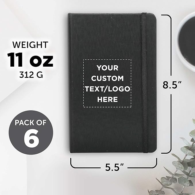 DISCOUNT PROMOS Custom Hardcover Notebook Journals with Elastic Colored Band Set of 6, Personalized Bulk Pack - Perfect for School, Office, Home - Black